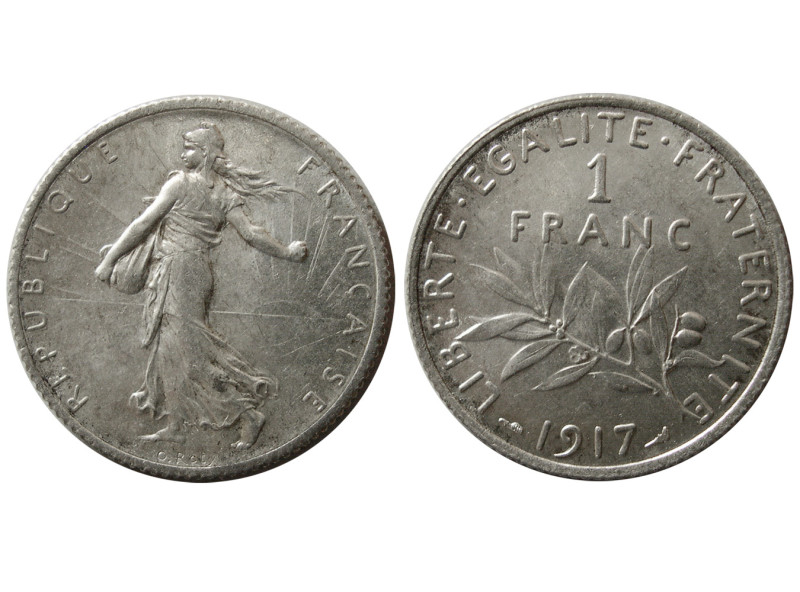 FRANCE, REPUBLIC. 1917. Silver One franc (4.96 gm; 23 mm). Choice UNC. Fully lus...