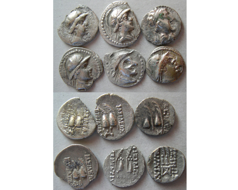 Group Lot of 6 Baktrian Kings, Eukratides I Silver Obols. Some with minor chippi...