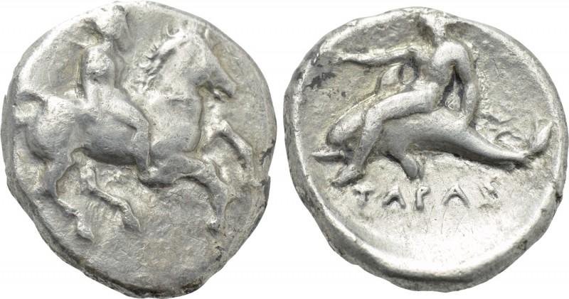 CALABRIA. Tarentum. Nomos (Circa 380-340 BC). 

Obv: Warrior on horse rearing ...