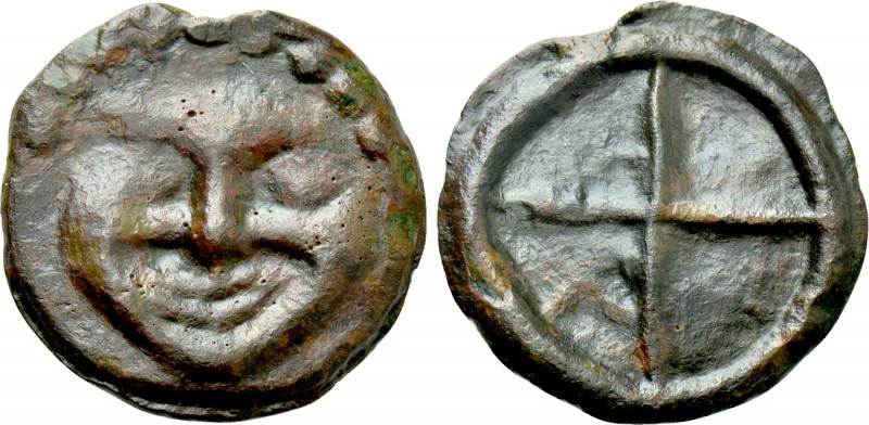 SKYTHIA. Olbia. Cast Ae (Circa 437-410 BC). 

Obv: Facing gorgoneion.
Rev: Wh...