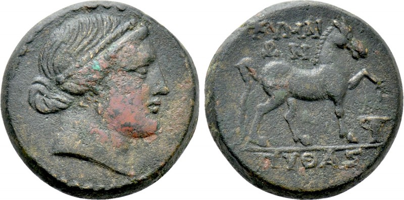 AEOLIS. Kyme. Ae (Circa 250-200 BC). Pythas, magistrate. 

Obv: Diademed head ...