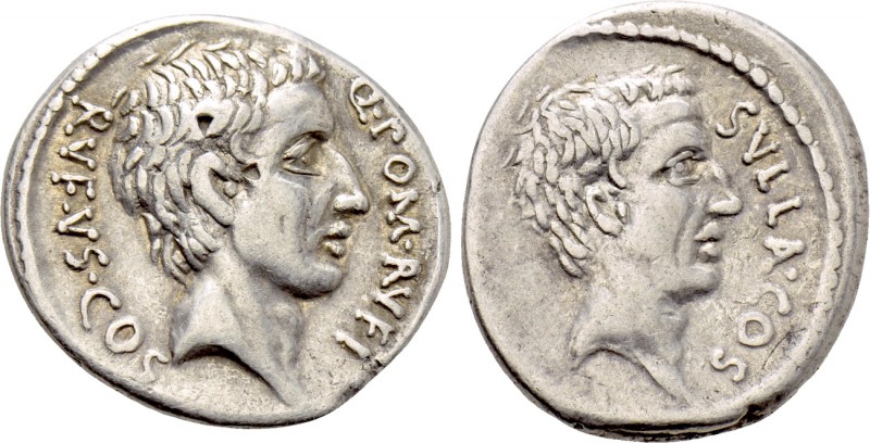 Q. POMPEIUS RUFUS. Denarius (54 BC). Rome. 

Obv: Q POM RVFI / RVFVS COS. 
Ba...