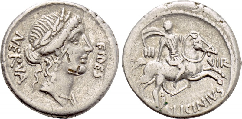A. LICINIUS NERVA. Denarius (47 BC). Rome. 

Obv: FIDES / NERVA. 
Laureate he...