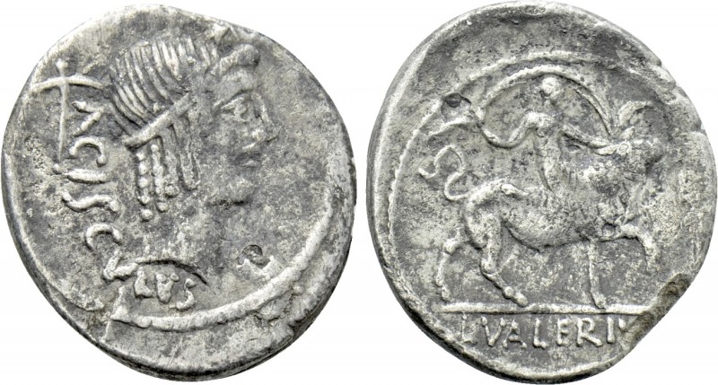 L. VALERIUS ACISCULUS. Denarius (45 BC). Rome. 

Obv: ACISCVLVS. 
Diademed he...
