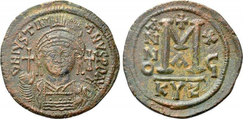 JUSTINIAN I (527-565). Follis. Cyzicus. Dated RY 16 (552/3). 

Obv: D N IVSTIN...