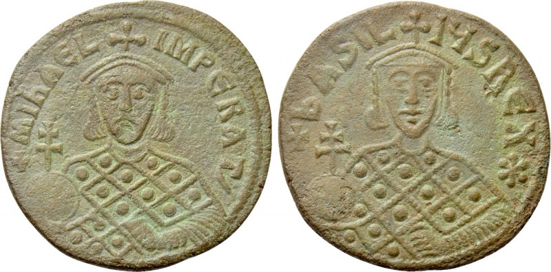MICHAEL III 'THE DRUNKARD' with BASIL I (842-867). Follis. Constantinople. 

O...