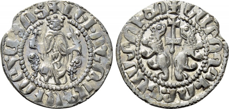 ARMENIA. Levon I (1198-1219). Tram. 

Obv: Levon seated facing on leonine thro...