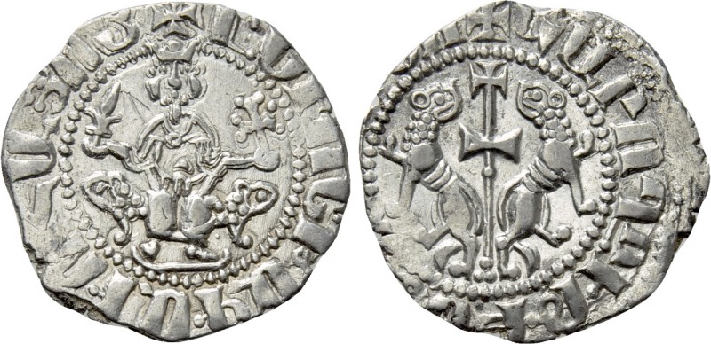 ARMENIA. Levon I (1198-1219). Tram. 

Obv: Levon seated facing on leonine thro...