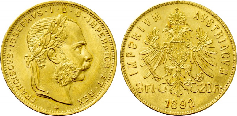 AUSTRIA. Franz Josef I (1848-1916). GOLD 8 Florins or 20 Francs (1892). Wien (Vi...