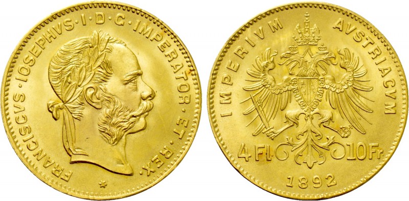 AUSTRIA. Franz Josef I (1848-1916). GOLD 4 Florins or 10 Francs (1892). Wien (Vi...