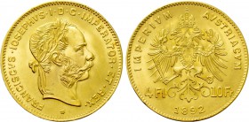 AUSTRIA. Franz Josef I (1848-1916). GOLD 4 Florins or 10 Francs (1892). Wien (Vienna). Restrike issue.
