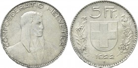 SWITZERLAND. 5 Francs (1922-B). Bern.