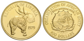 Republik, seit / Republic since1874 100 Dollars 1979 Franklin Mint. 26.0 mm. Liberia. Gold. Non-circulating coin: Organization of African Unity. Fried...