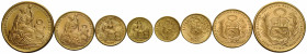 Republik seit 1822 Goldmünzen / Gold coins 0.900 Fein. Soles. Wappen von Peru. Rv. Sitzende Freiheit, flankiert von Schild und Säule / Coat of arms of...