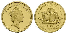 Elizabeth II., seit 1952 10 Tala 1997 Tokelau 13.9 mm. Rv. "Golden Hind" Ship. KM 31. 1.24 g. Vorzüglich + / Extremely fine +.