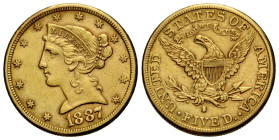 5 Dollars 1887 21.5 mm. Gold 0.900. Liberty Head with coronet. Friedberg 145. 8.34 g. Sehr schön / Very fine.