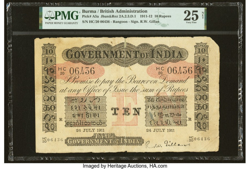 Burma Government of India, Rangoon 10 Rupees 24.7.1911 Pick A5a Jhun2A.2.3.D.1 P...