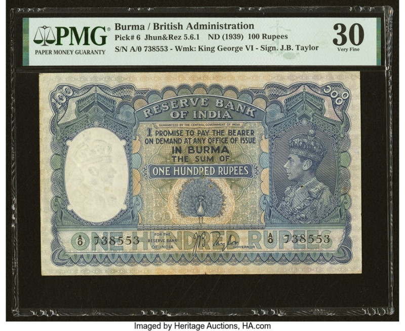 Burma Reserve Bank of India 100 Rupees ND (1939) Pick 6 Jhunjhunwalla-Razack5.6....