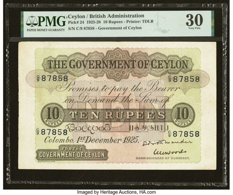 Ceylon Government of Ceylon 10 Rupees 1.12.1925 Pick 24 PMG Very Fine 30. This w...