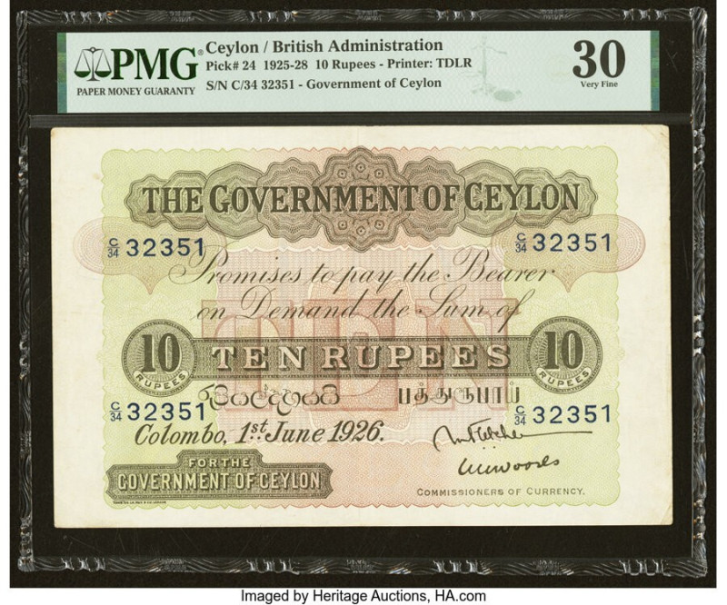 Ceylon Government of Ceylon 10 Rupees 1.6.1926 Pick 24 PMG Very Fine 30. One of ...