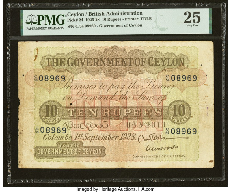 Ceylon Government of Ceylon 10 Rupees 1.9.1928 Pick 24 PMG Very Fine 25. The las...