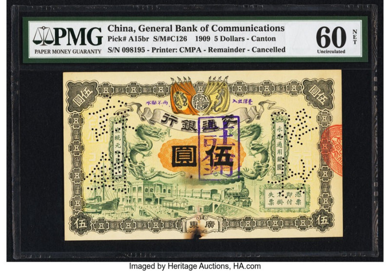 China General Bank of Communications, Canton 5 Dollars 1.3.1909 Pick A15br Remai...