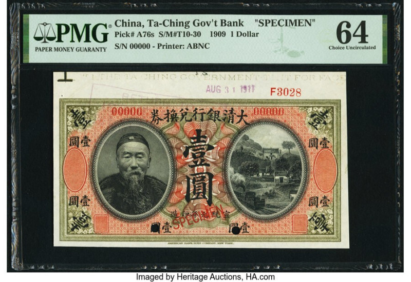 China Ta Ch'Ing Government Bank 1 Dollar 1.10.1909 Pick A76s S/M#T10-30 Specimen...