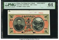 China Ta Ch'Ing Government Bank 1 Dollar 1.10.1909 Pick A76s S/M#T10-30 Specimen PMG Choice Uncirculated 64. A well preserved and high grade Specimen ...