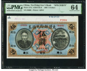 China Ta Ch'Ing Government Bank 5 Dollars 1.10.1909 Pick A77s S/M#T10-31 Specimen PMG Choice Uncirculated 64. A gorgeous American Banknote Company pri...