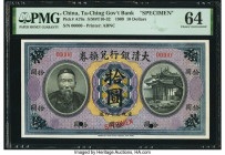 China Ta Ch'Ing Government Bank 10 Dollars 1.10.1909 Pick A78s S/M#T10-32 Specimen PMG Choice Uncirculated 64. A beautiful Specimen created by the Ame...
