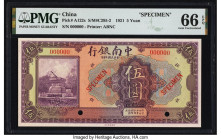China China & South Sea Bank, Limited 5 Yuan 1.10.1921 Pick A122s S/M#C295-2 Specimen PMG Gem Uncirculated 66 EPQ. Complete originality and fresh pape...