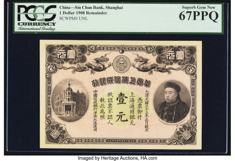 China Sin Chun Bank, Shanghai 1 Dollar 1908 Pick UNL Remainder PCGS Superb Gem N...