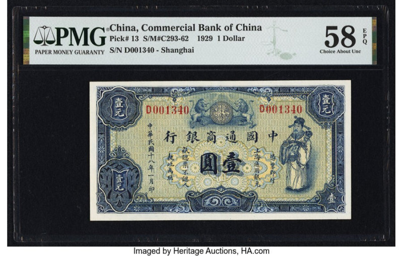 China Commercial Bank of China, Shanghai 1 Dollar 1929 Pick 13 S/M#C293-62 PMG C...