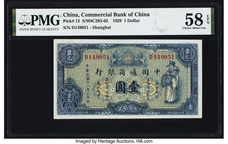 China Commercial Bank of China, Shanghai 1 Dollar 1929 Pick 13 S/M#C293-62 PMG C...