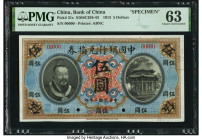 China Bank of China 5 Dollars 1.6.1913 Pick 31s S/M#C294-43 Specimen PMG Choice Uncirculated 63. A stunning Specimen printed by The American Banknote ...