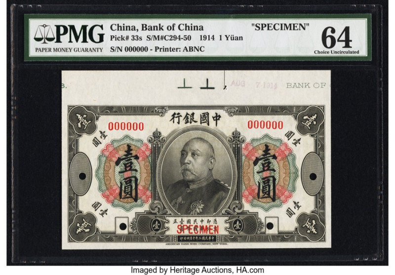 China Bank of China 1 Yuan 4.10.1914 Pick 33s Specimen PMG Choice Uncirculated 6...