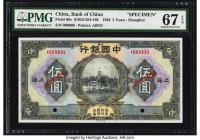 China Bank of China, Shanghai 5 Yuan 1926 Pick 66s S/M#C294-160 Specimen PMG Superb Gem Unc 67 EPQ. Stunning vignettes of the White Dagoba Temple and ...