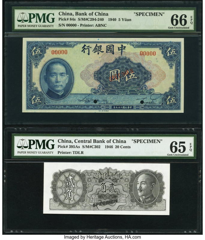 China Bank of China 5 Yuan; 20 Cents 1940; 1946 Pick 84s; 395As Two Specimen PMG...