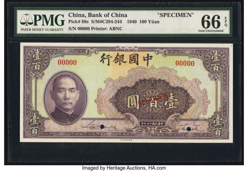 China Bank of China 100 Yuan 1940 Pick 88s S/M#C294-244 Specimen PMG Gem Uncircu...