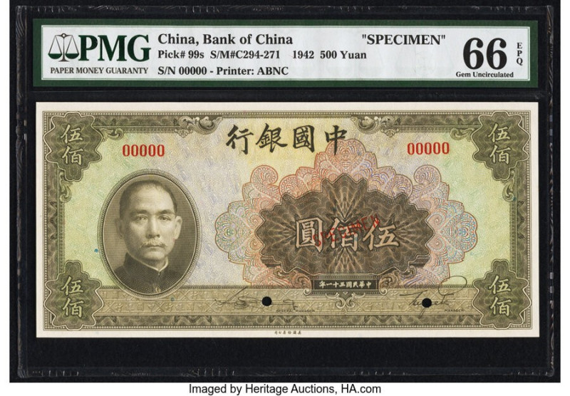China Bank of China 500 Yuan 1942 Pick 99s S/M#C294-271 Specimen PMG Gem Uncircu...