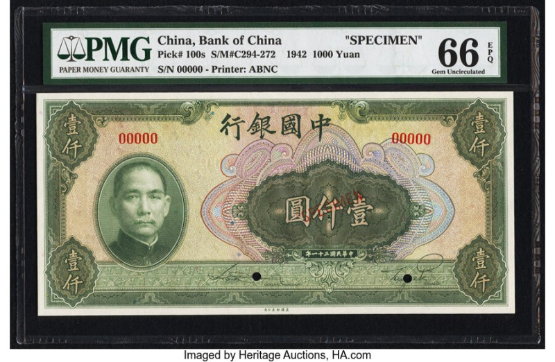 China Bank of China 1000 Yuan 1942 Pick 100s S/M#C294-272 Specimen PMG Gem Uncir...