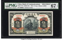 China Bank of Communications 5 Yuan 1.10.1914 Pick 117s S/M#C126 Specimen PMG Superb Gem Unc 67 EPQ. Deep inks and detailed vignettes of a steam train...