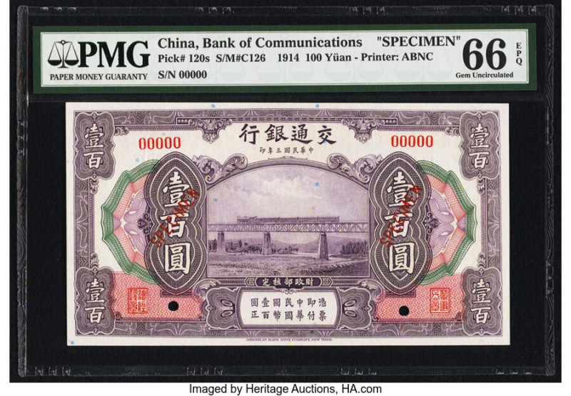 China Bank of Communications 100 Yuan 1.10.1914 Pick 120s S/M#C126 Specimen PMG ...