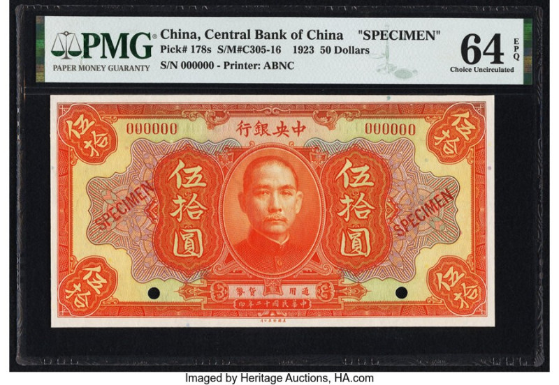 China Central Bank of China 50 Dollars 1923 Pick 178s S/M#C305-16 Specimen PMG C...