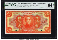 China Central Bank of China 50 Dollars 1923 Pick 178s S/M#C305-16 Specimen PMG Choice Uncirculated 64 EPQ. The 50 Yuan denomination is a key note in t...