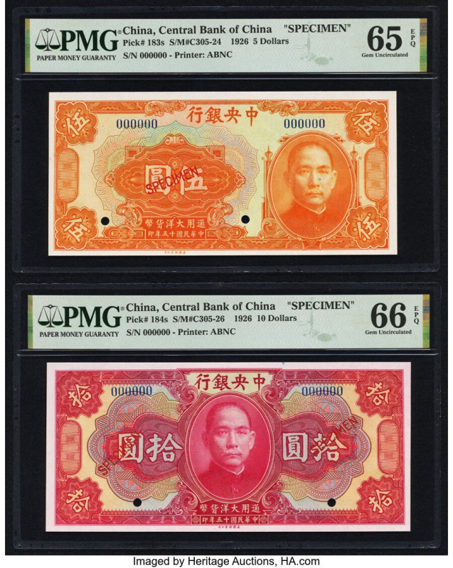 China Central Bank of China 5; 10 Dollars 1926 Pick 183s; 184s Two Specimen PMG ...