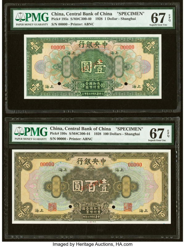China Central Bank of China, Shanghai 1; 100 Dollars 1928 Pick 195s; 199s Two Sp...