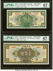 China Central Bank of China, Shanghai 1; 100 Dollars 1928 Pick 195s; 199s Two Specimen PMG Superb Gem Unc 67 EPQ (2). A beautiful set of Specimen crea...