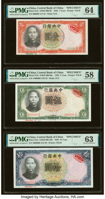 China Central Bank of China 1; 5; 10 Yuan 1936 Pick 212s; 213s; 214s Three Speci...