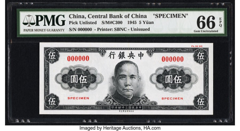 China Central Bank of China 5 Yuan 1945 Pick UNL Specimen PMG Gem Uncirculated 6...